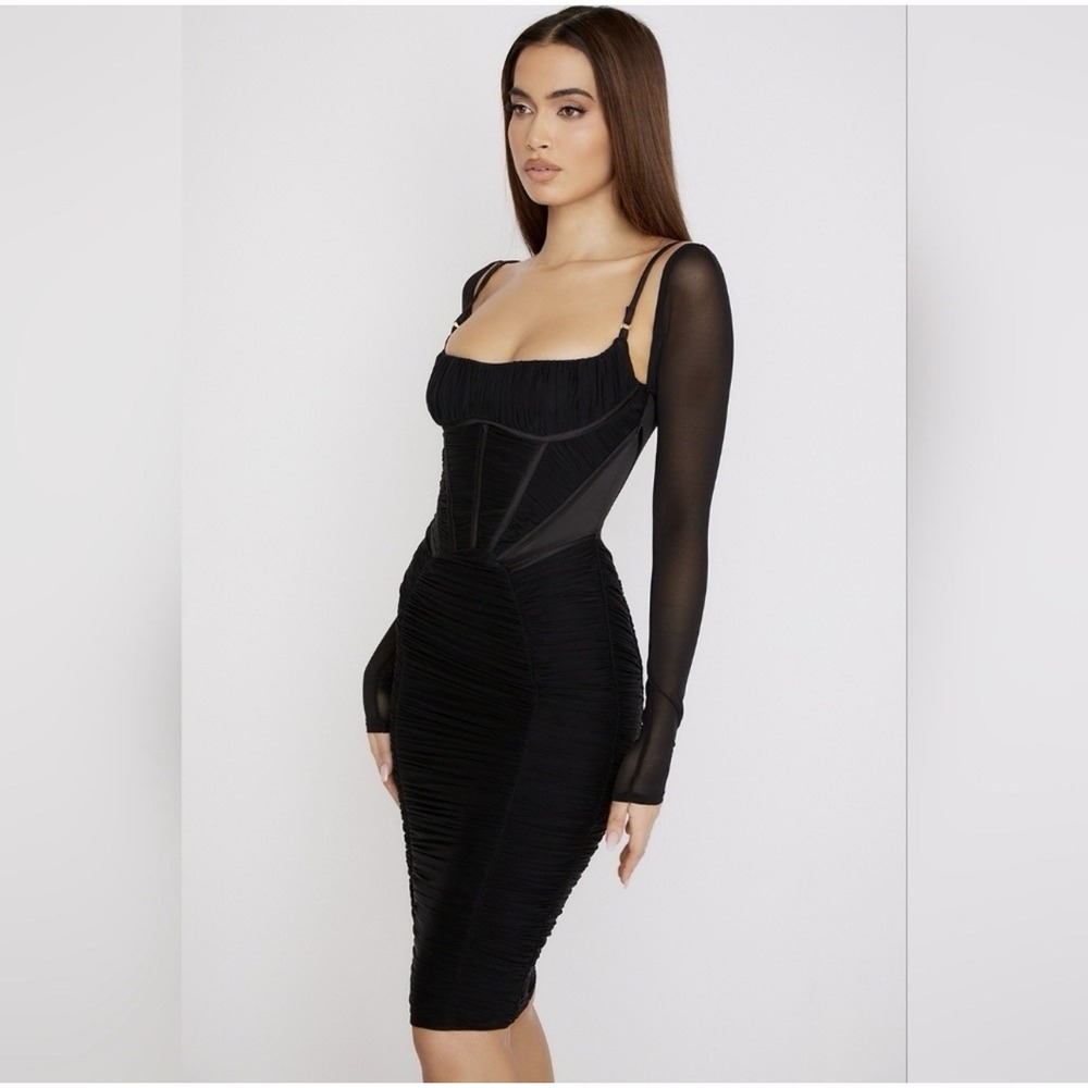 House Of CB Size XS Freyja Dress Black Ruched Corset Long Sleeve Vamp Romantic